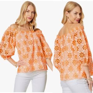 Lilly Pulitzer Size S Kerrigan Elbow Sleeve Top Orange White Eyelet Cottage Boho